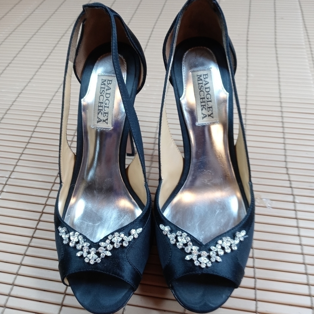 Badgley Michka women's black satin and rhinestone